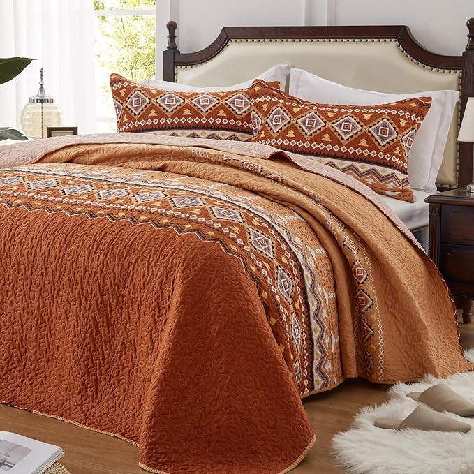 2 Pieces Twin Size Quilt Set Burnt Orange Rust Bohemian Bedspread Coverlet by LEAONME