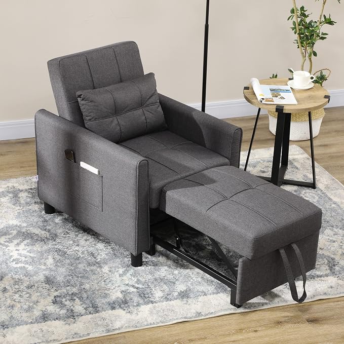 HOMCOM 3-in-1 Convertible Chair Bed Sleeper Chair Single Sofa Bed Gray | Pull by HOMCOM