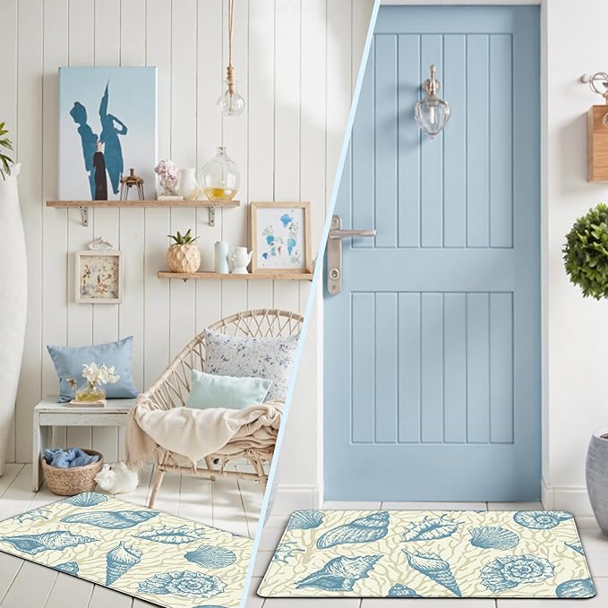 Kitchen Mats for Floor Cushioned Anti Fatigue Sets of 2 Beach Theme Kitchen Rugs Non Slip Waterproof Coastal Foam Kitchen Floor Rug Nautical Coral Seashell Comfort Standing Mat for Sink Laundry, Blue