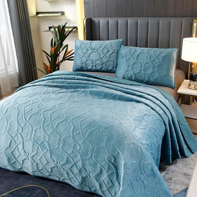 ROOMLIFE Quilt Set Full Size 3D Floral Embroidery Pattern 3-Piece Cotton - Image 2
