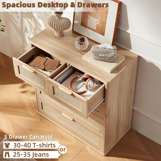 LEYAOYAO Rattan Dresser for Bedroom, 33.5" Small Chest of Drawers | Gold Metal - Image 5