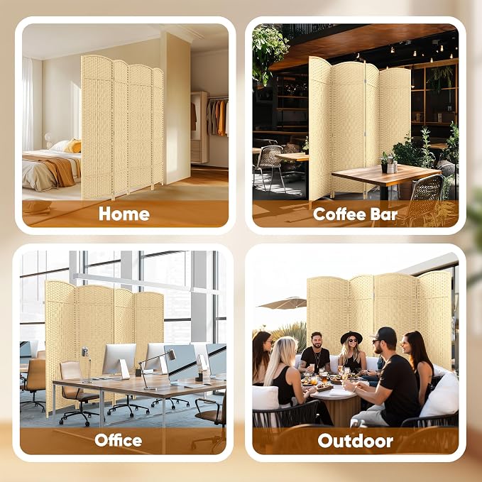 Rattan Room Divider, 4-Panel Folding Privacy Screen 6ft. Extra Wide | Room - Image 8
