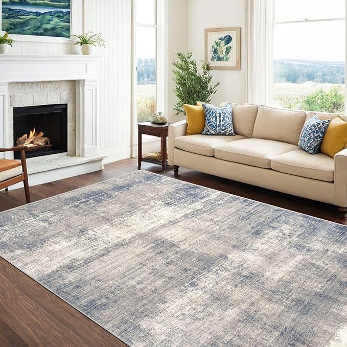 8x10 Area Rugs for Living Room, Non-Slip Backing Washable Rug 8x10, Large Area Rug Soft Carpet for Bedroom Dining Room, Neutral Modern, Easy Clean, Durable, Grey/Navy