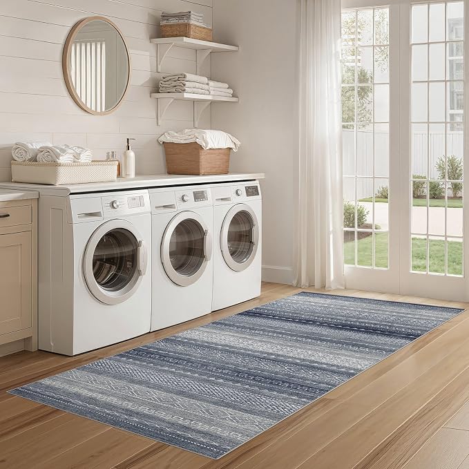Nakagishi Boho 2x6 Runner Rug Machine Washable Rugs Non Slip Denim Blue | Soft - Image 6
