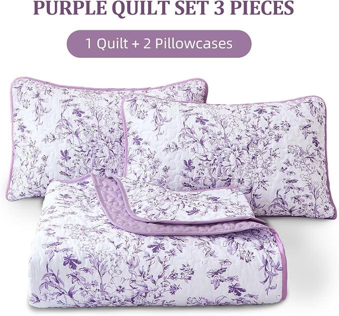 WONGS BEDDING Botanical Queen Quilt Bedding Set, 3 Pieces Bedspread, Polyester - Image 8