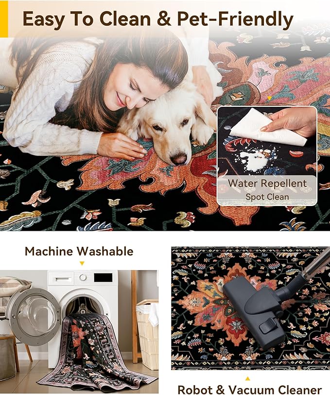 RELEANY Washable Area Rug, Water Repellent, Pet Friendly, Vintage Floral Boho - Image 4