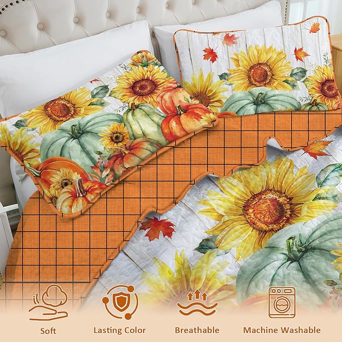 Yiran Happy Thanksgiving Harvest Quilt King Size, Fall Bedding Set | Pumpkin - Image 4