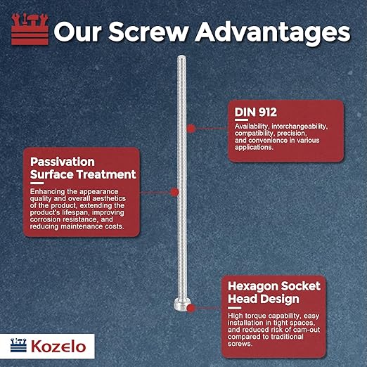 Kozelo 6pcs Socket Head Cap Screws - [M3-0.5 x 90mm] 304 Stainless Steel Allen Socket Drive for Electrical Motor 3D Printing Fan Engine Replacement Use, Silver