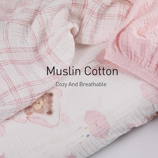 Gllquen Baby Muslin Bassinet Sheets 3 Pack, Breathable Elastic Cozy Fitted Cotton Bassinet Mattress Sheet for Baby Boy Girls, Fit for Hourglass Oval Rectangular Cradle Pad Sheets 33"x17" (Bear Dream)