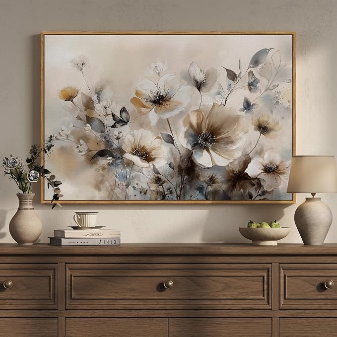 Framed Neutral Floral Wall Art, Vintage Beige Botanical Flower Canvas Artwork by Cuspin