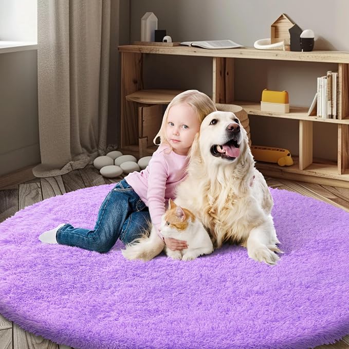 Purple Round Shag Area Rug for Bedroom, Washable Fuzzy Carpet for Room Boys - Image 2