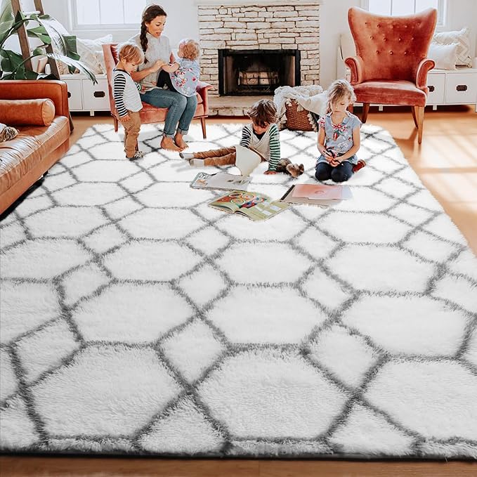 5x7 Area Rugs for Living Room Bedroom, Fluffy White and Grey Throw Rug - Image 8