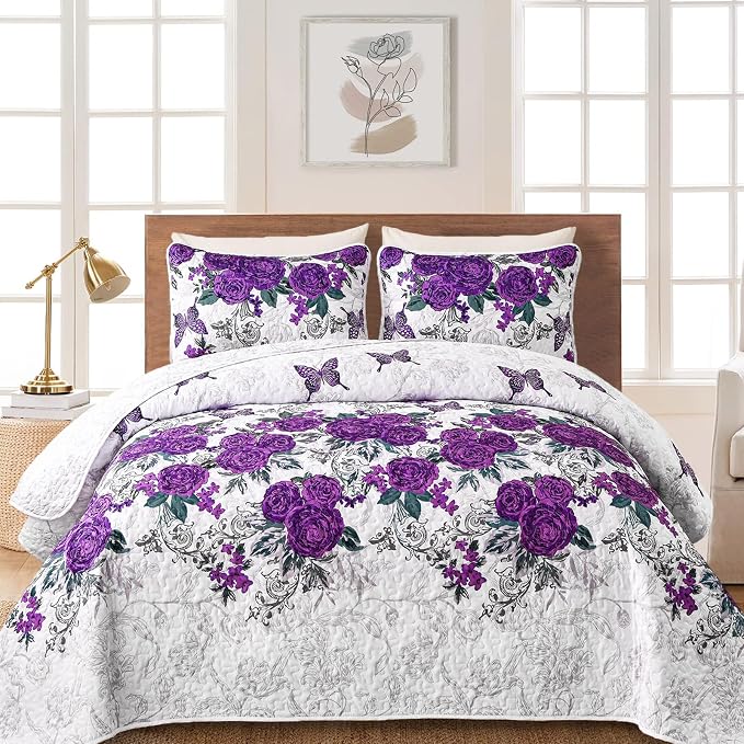Yiran Purple Floral Quilt Set King Size, Rose Bedspreads Bedding Set | 3 Pieces by Yiran
