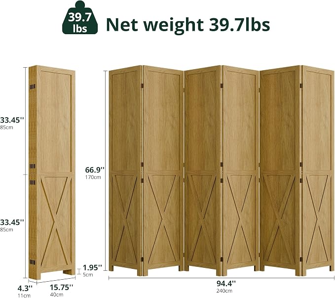 6 Panel Folding Room Divider, Solid Wood Privacy Screen, Freestanding Partition - Image 2