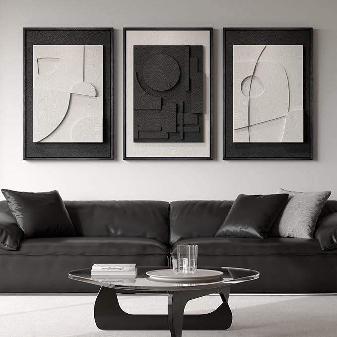 Large 3D Textured Framed Black and White Abstract Wall Art, 3 Piece Modern Wall by Cuspin