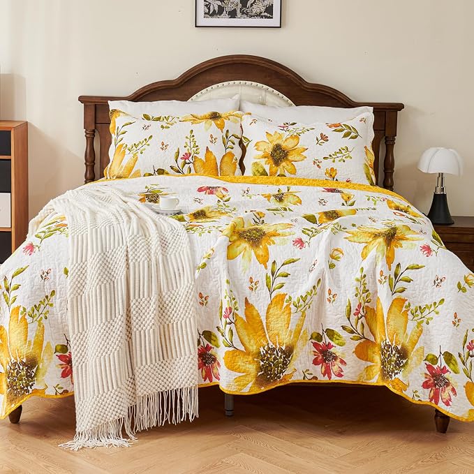 EVENHUG 100% Cotton Quilt Queen Size Yellow Sunflower Bedding Set Floral - Image 3
