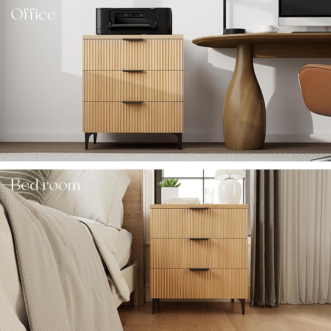 25.6" W Fluted Nightstand with 3 Drawer Dresser, Modern Wood Night Stands | - Image 5