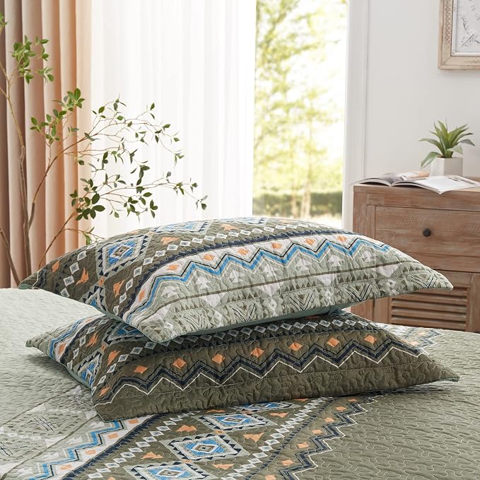 2 Pieces Twin Size Quilt Set Olive Green Bohemian Bedspread Coverlet - Image 7