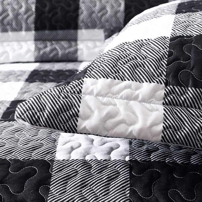 EXQ Home Quilt Set Full Queen Size Black and White Squares Bedspread | Bedding - Image 3