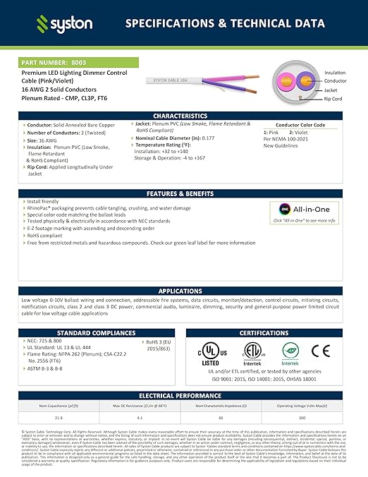 Syston Cable Technology 16/2 LED Lighting Dimmer Dimming Luminaire Control Wire Cable, 16 AWG 2 Conductors Solid Bare Copper Unshielded Plenum Rated CMP CL3P FT6, for Ballast Wiring and Connection