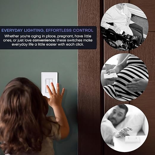 RunLessWire 3-Way Fan & Light Battery-Free DIY Kinetic Wireless Light Switch Kit for Bathrooms & Ceiling Fans: 2 Dual Remote Switches, Both Control 2 5A On/Off Receivers Separately – Light Almond