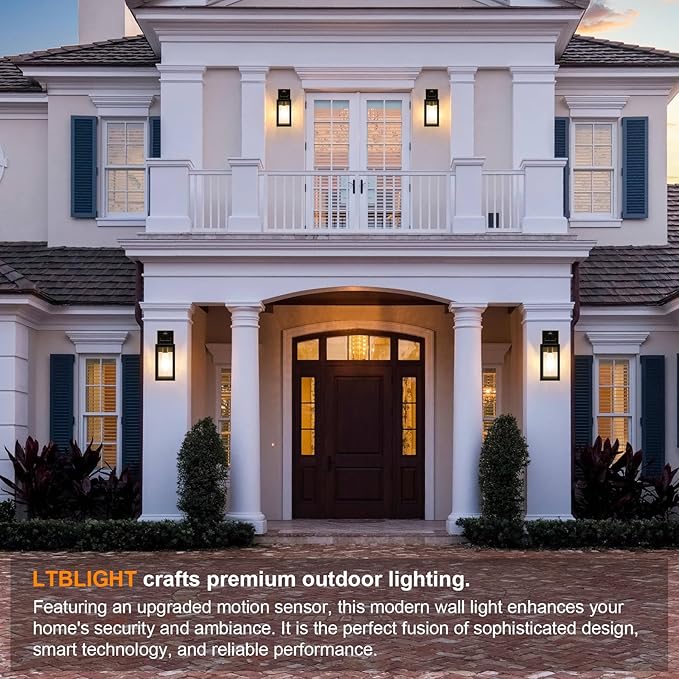 LTBLIGHT 2-Pack Motion Sensor Outdoor Wall Light Fixtures, Modern Black Dusk to Dawn Porch Light Lantern with 3 Modes, Waterproof Exterior Lighting for House, Patio, Garage, Front Door