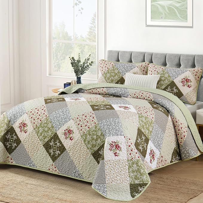 Dinjoy Patchwork Quilt Set King Size, Boho Bedding Set, Oliver Green | Soft - Image 2