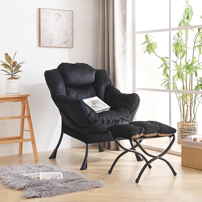Lazy Chair with Ottoman, Comfy Accent Reading Chair, Velvet Black | Foldable - Image 7