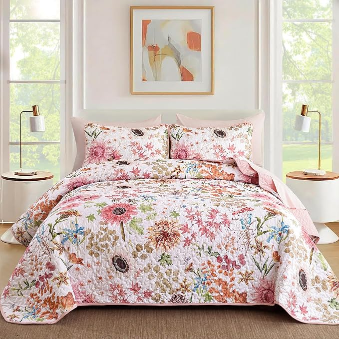 Yiran Pink Floral Quilts Queen Size, Sunflower Botanical Bedding Set | 3 Pieces by Yiran