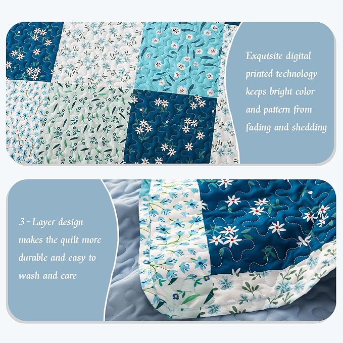 Whale Flotilla Patchwork Quilts Twin Size, Extra Soft Floral Bedspreads | Blue - Image 3