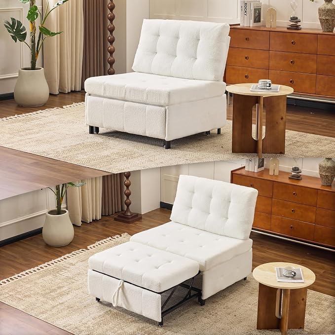 VINGLI Convertible Sofa Bed Tufted Teddy Fleece Sleeper Chair Bed Couch Armless by VINGLI