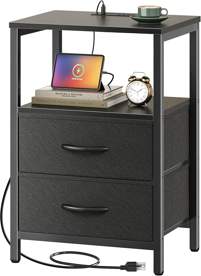 Huuger Nightstand with Charging Station, Side Table with Fabric Drawers | End by Huuger