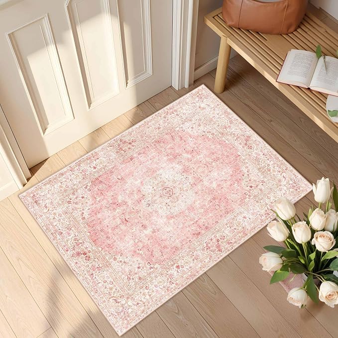 Latte&Fog Washable Entryway Rug 2x3, Vintage Pink Area Rugs by LatteFog