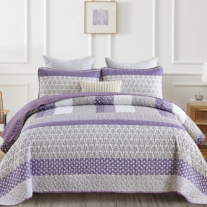 WONGS BEDDING Purple King Quilt Bedding Set, Bohemian Stripe Bedspread | - Image 2