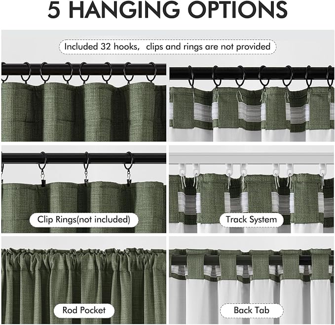 MIULEE 100% Blackout Back Tab Pleat Linen Curtains 50" Wx102 L, Olive Green | 2 - Image 6