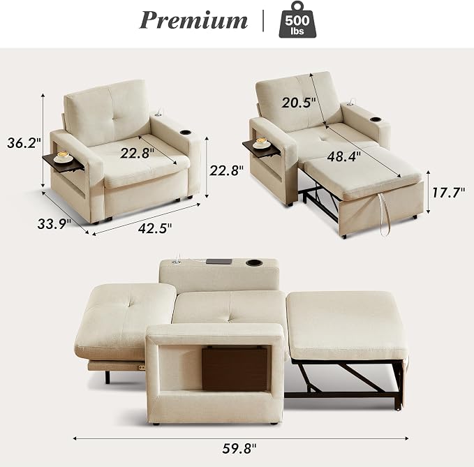 WEUP 3-in-1 Sleeper Sofa Chair Bed, 42.5" W Convertible Sleeper Chair - Image 2
