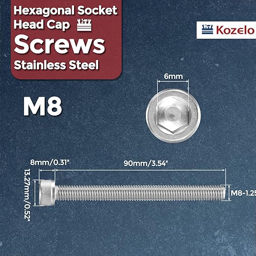 Kozelo 8pcs Socket Head Cap Screws - [M8-1.25 x 90mm] 304 Stainless Steel Allen Socket Drive for Electrical Motor 3D Printing Fan Engine Replacement Use, Silver
