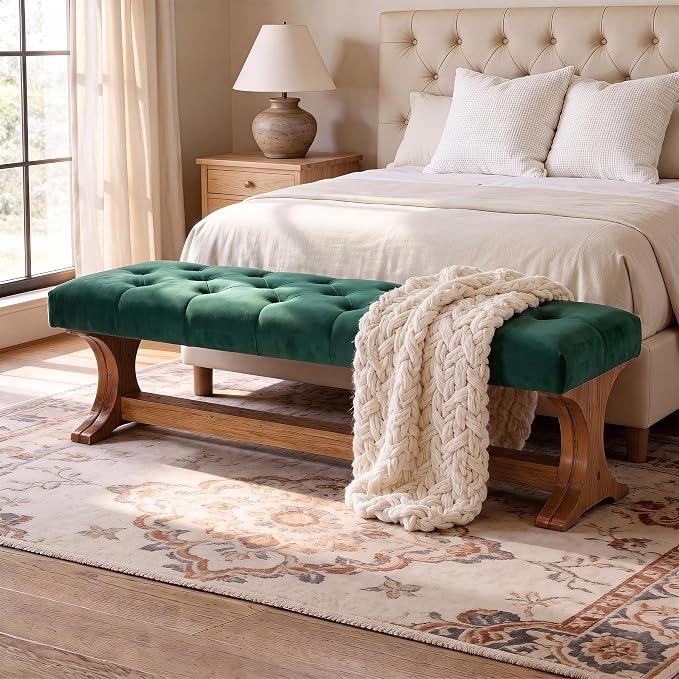 LITTLE TREE 55" Upholstered End of Bed Bench, Solid Wood Tufted Entryway Bench - Image 8