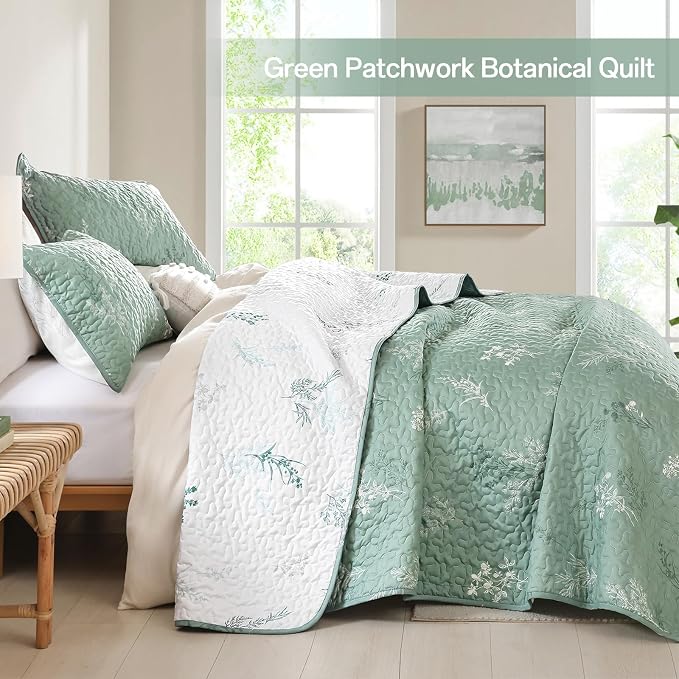 DJY King Size Sage Green Botanical Quilt Set, Floral Bedspread Coverlet | - Image 3