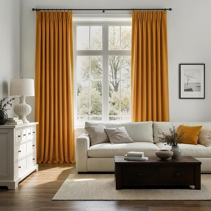 96 Inch Long Mustard Yellow Velvet Pleated Curtains 2 Panels Heavy Thick Velvet - Image 2
