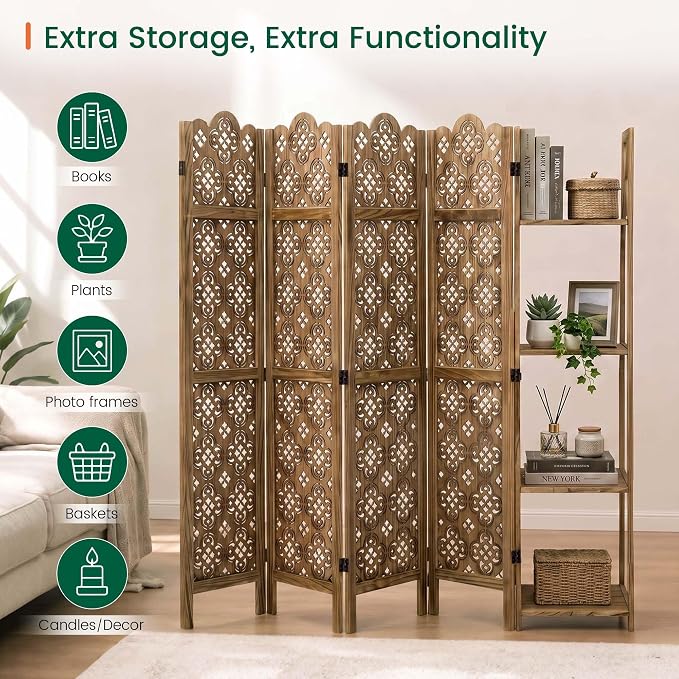 Svimi Wood Room Divider with 4-Tier Shelves, 4 Panel Privacy Screen | 4-panel - Image 9