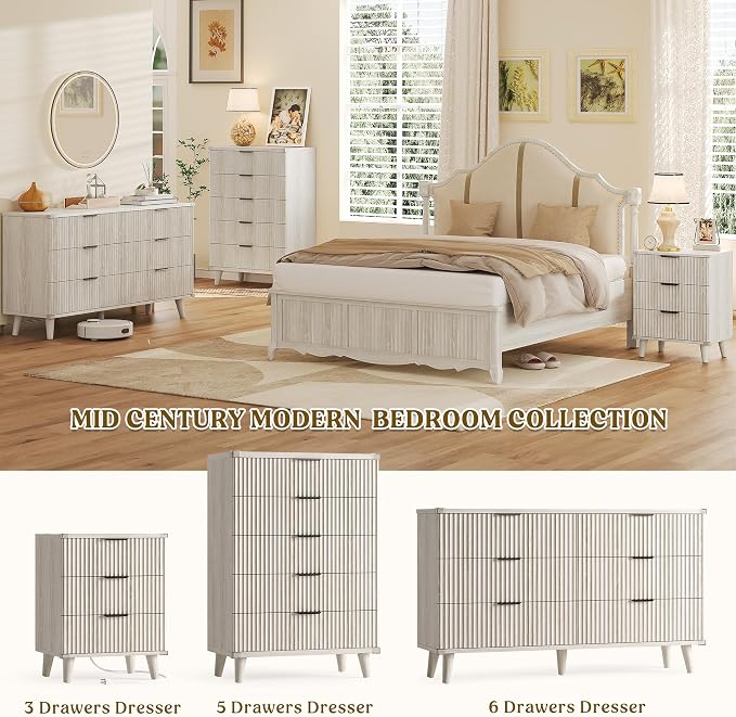 Wood Bedside Table w/Charging Station, 3 Drawers Fluted Dresser | Grey White - Image 6