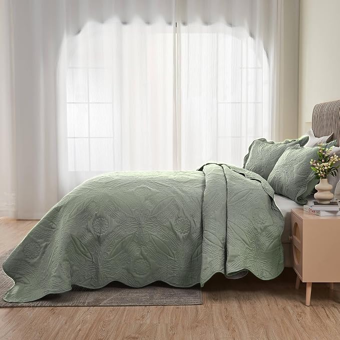 Kingnex Oversized King Bedspreads 128x120 Ultrasonic Quilted Sage | Extra Wide - Image 4