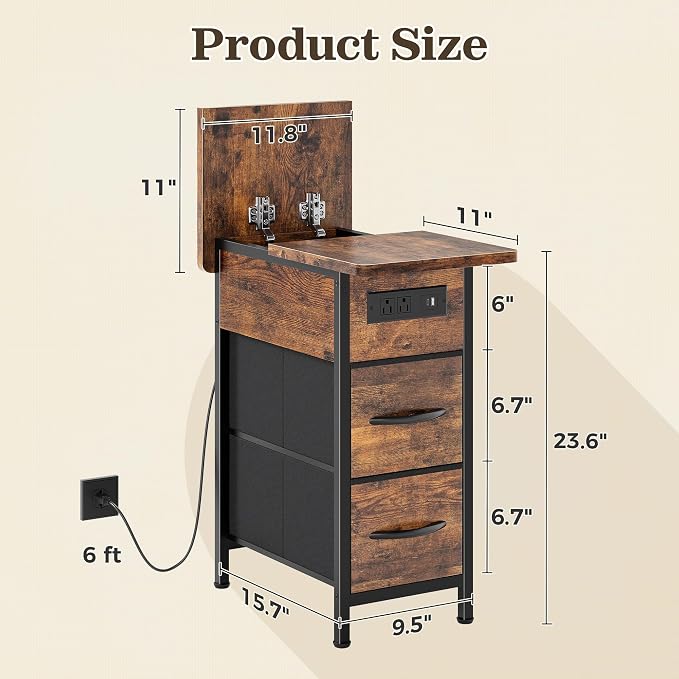 Huuger Narrow End Table with Charging Station, Side Table with 2 Drawers | Slim - Image 3