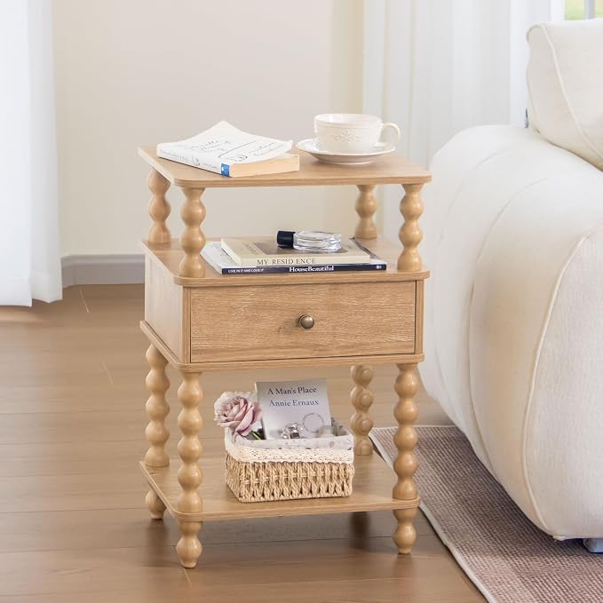 AWASEN Nightstand with Drawer, Walnut Bedside Table with Storage, End Table | - Image 7