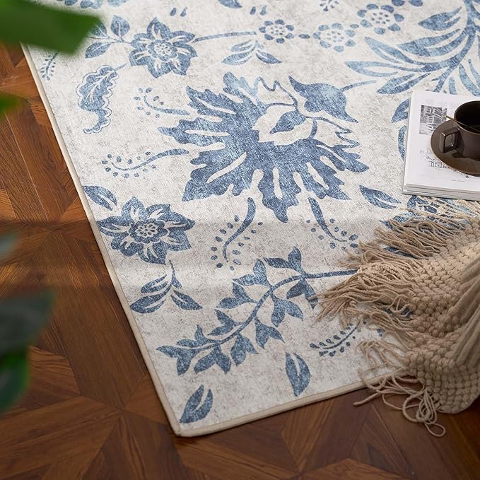 jinchan Torino 3x5 Area Rugs for Entryway, Vintage-Inspired Floral Design Machine Washable Non-Slip Low-Pile Rug, Ultra-Thin Indoor Traditional Accent Carpet for Entrance Bedroom Hallway, Dark Blue
