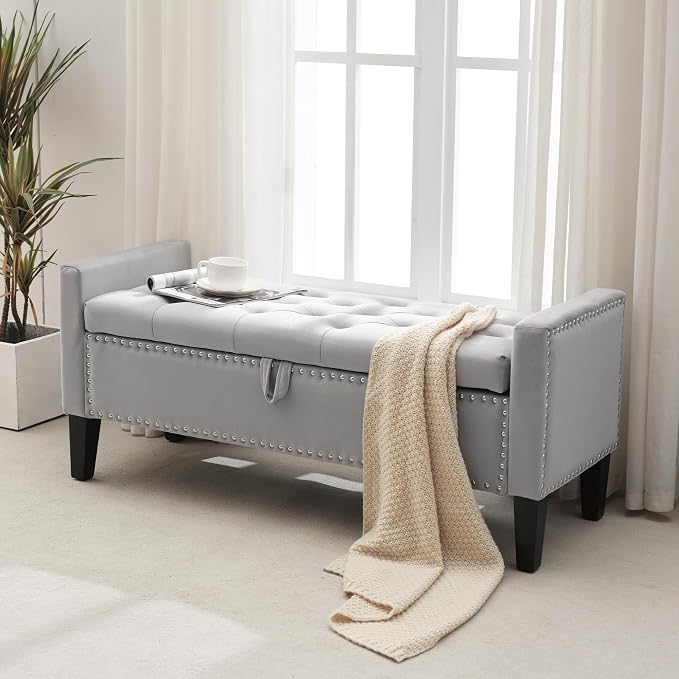 Velvet Storage Ottoman Bench, Modern Storage Bench - Image 3