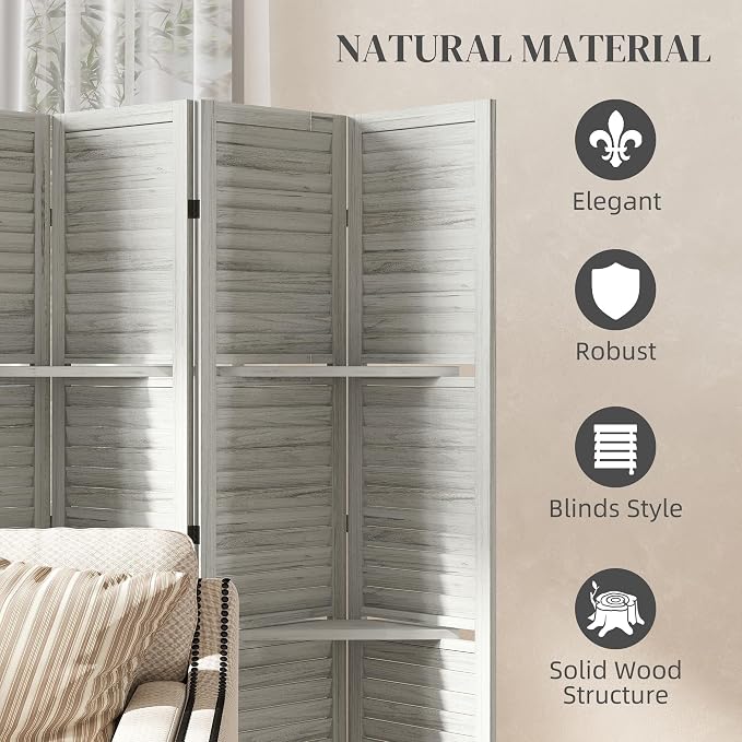 HOMCOM Room Divider with Shelves 6 Panel 67" Wood Screen Distressed White | 3 - Image 5