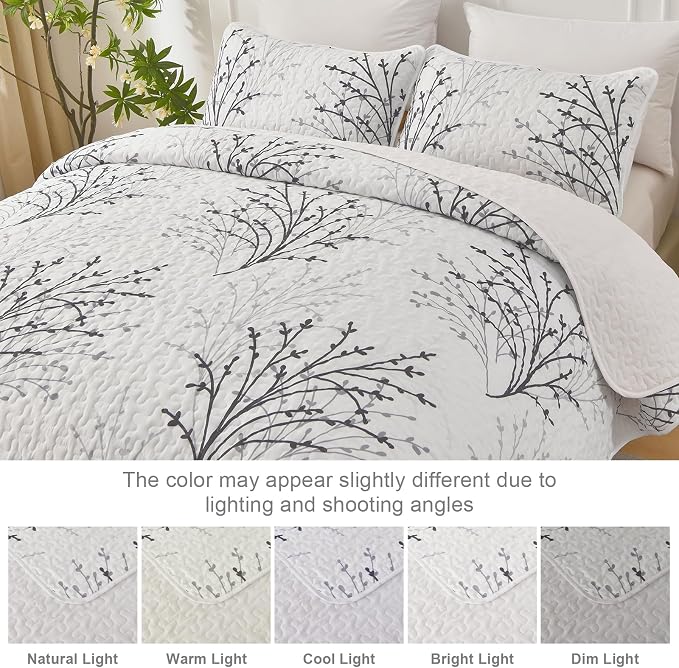 DJY White Quilt Set King Size Branch Botanical Bedspread Coverlet Set | 3 - Image 8