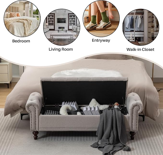 SOFTHION 58.1" Storage Bench for Bedroom, Linen Upholstered, Light Brown | End - Image 6